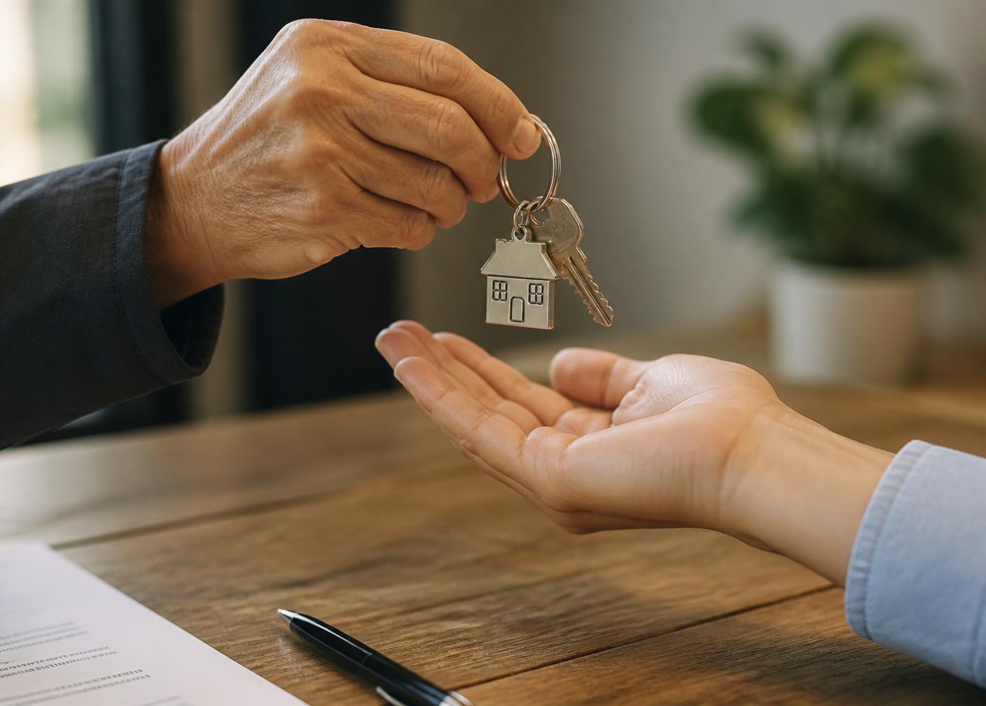 A set of house keys being handed to a new resident across a table